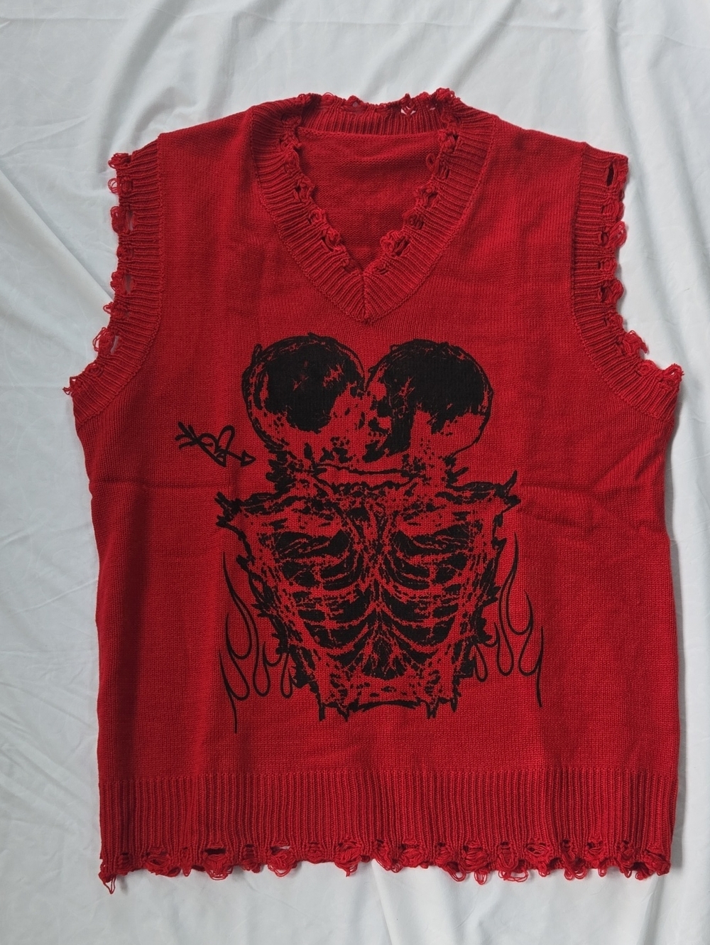 Men's Graphic Red Vneck Sleeveless Sweater With 2 Skeletons Kissing In Black